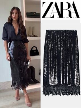 NEW. ZARA 🖤 SEQUIN LONG SKIRT WITH FRINGE DETAIL